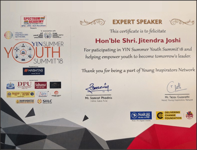 Young Inspirators Network (YIN), Dr Jitendra Joshi - Founder & Chairman of Abhi Group, YIN Summer Youth Summit 2018